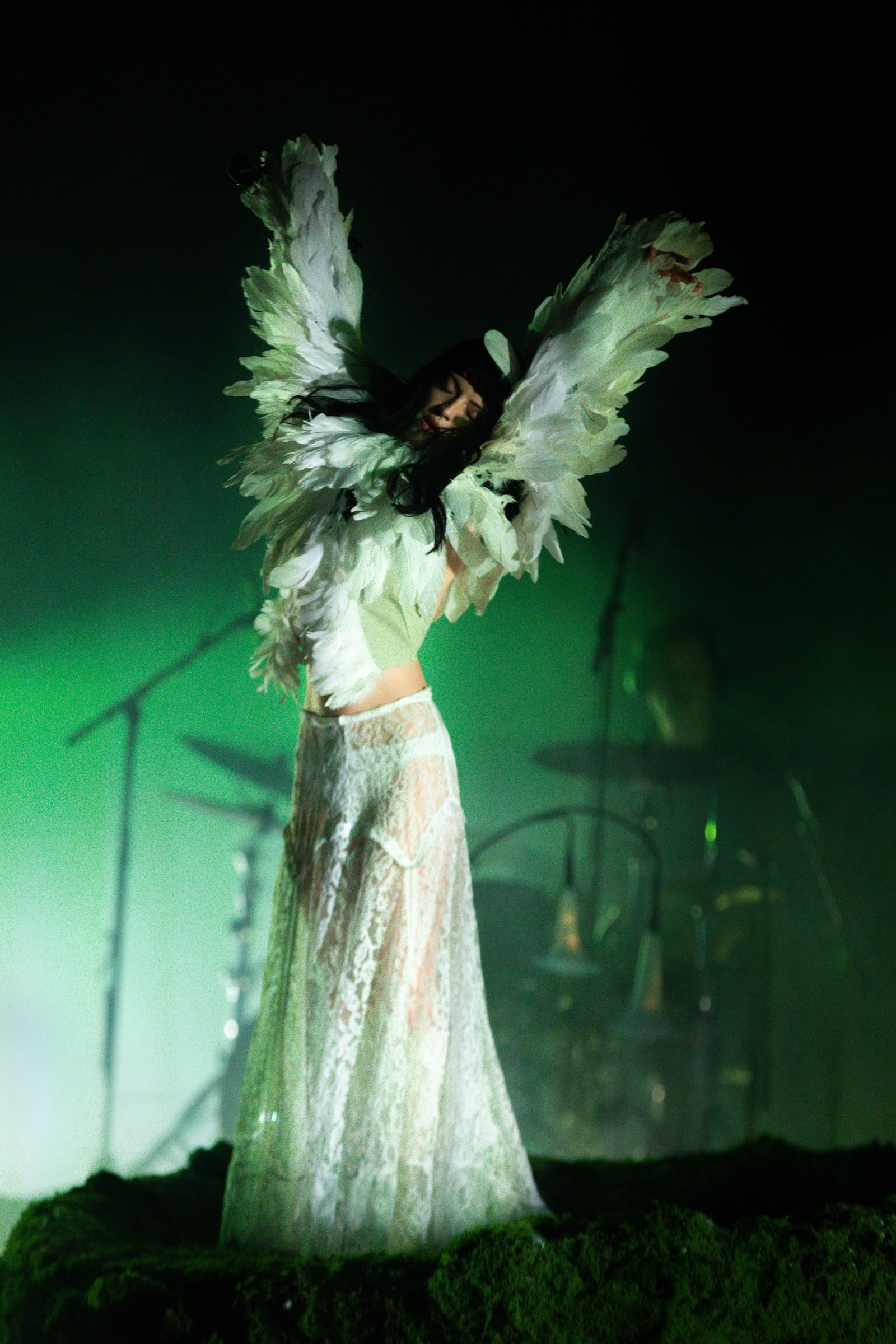 A performer raising feathered sleeves under green stage lighting.